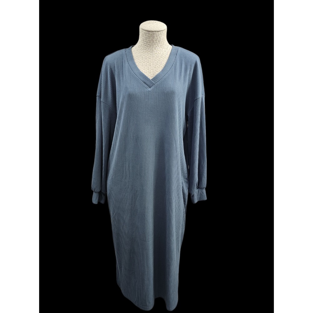 MITILLY Women's L Long Sleeve Dress‎ Blue Ribbed V-Neck Casual Maxi W Slit EUC
